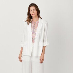 Mystree White Lightweight Open Front Blazer Jacket Roll Tab Sleeve Linen Blend